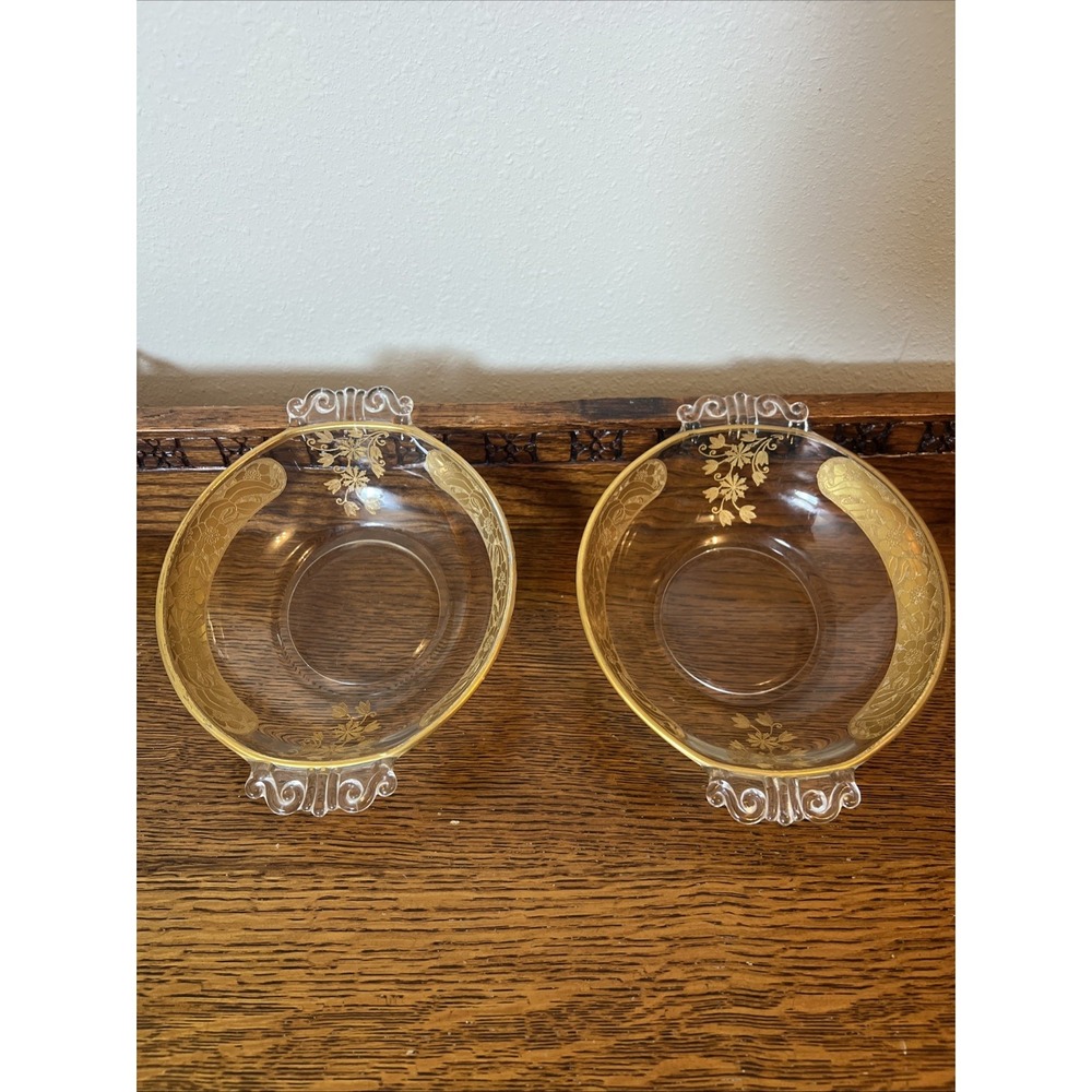 (2) Vintage Vintage Glass Bowls Gold Scrolling Filigree Inside Rim Double Handle